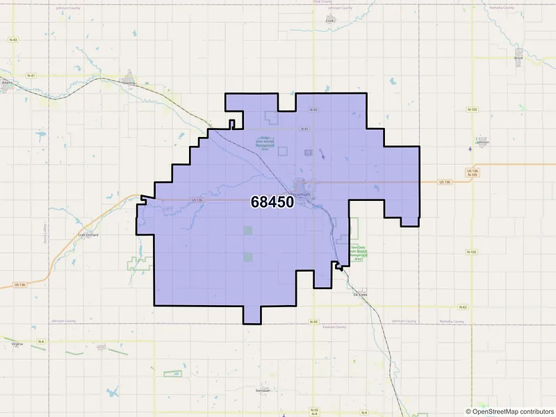 Map of ZIP Code 68450 — Tecumseh, NE