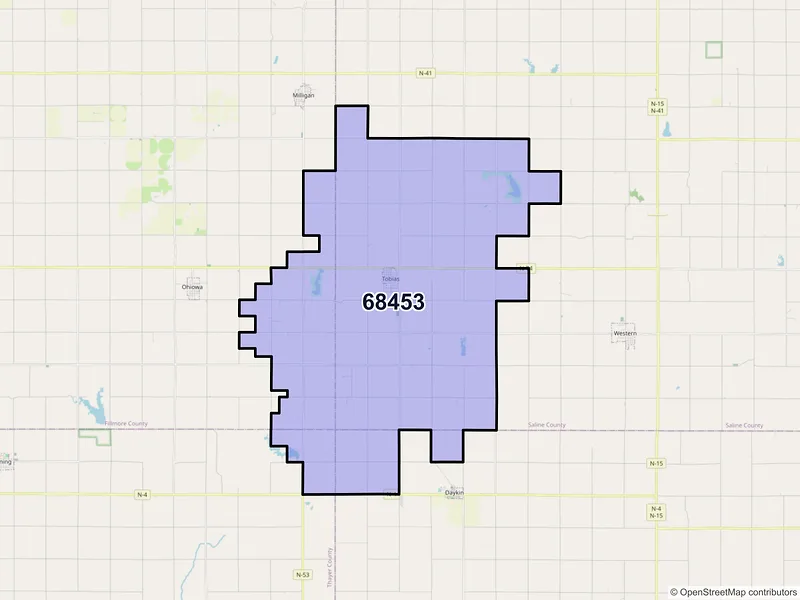 Map of ZIP Code 68453 — Tobias, NE