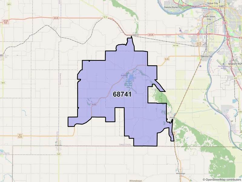 Map of Hubbard, Nebraska and ZIP codes