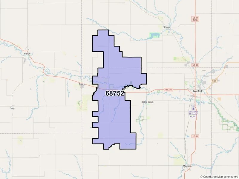 Map of ZIP Code 68752 — Meadow Grove, NE