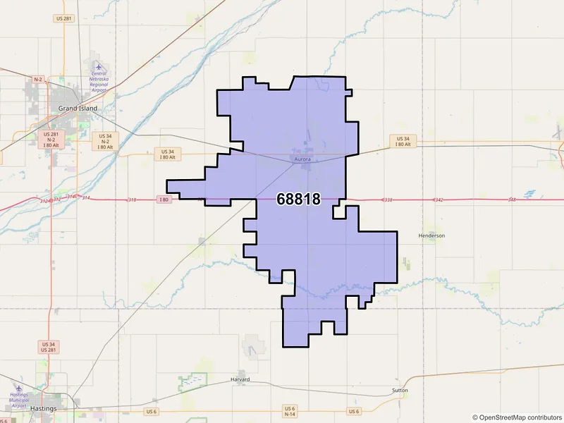 Map of Aurora, Nebraska and ZIP codes
