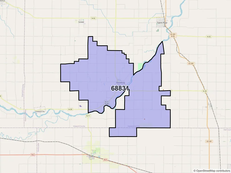 Map of ZIP Code 68831 — Dannebrog, NE