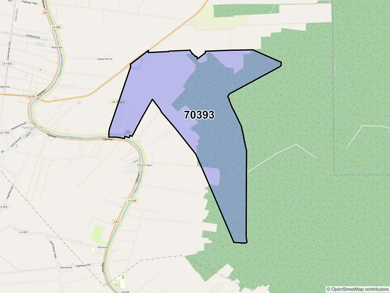 Map of ZIP Code 70393 — Plattenville, LA