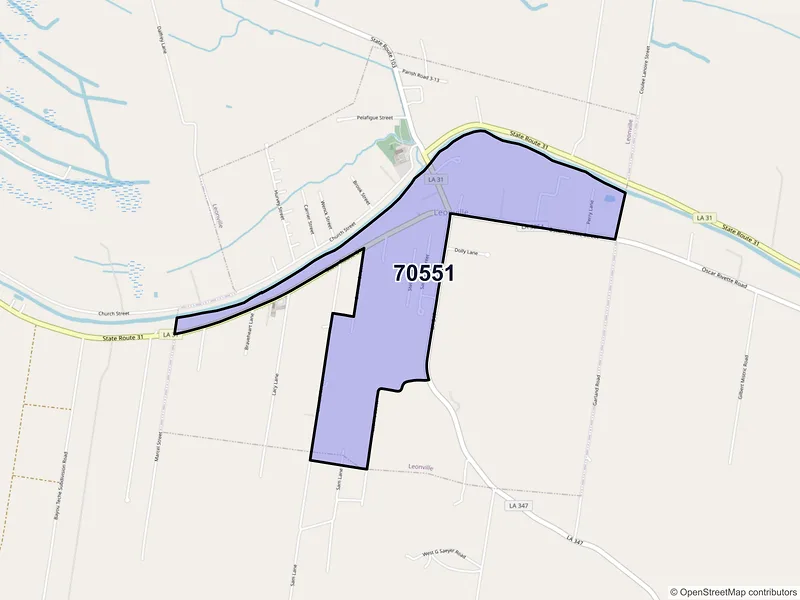 Map of Leonville, Louisiana and ZIP codes
