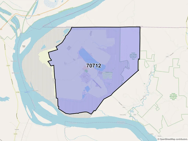 Map of Angola, Louisiana and ZIP codes