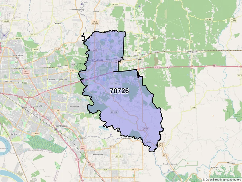Map of ZIP Code 70726 — Denham Springs, LA