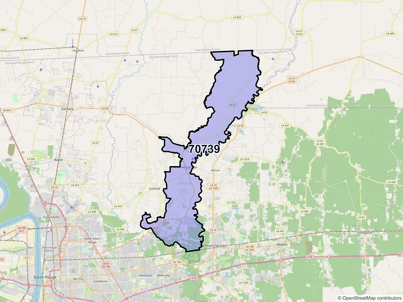 Map of ZIP Code 70739 — Greenwell Springs, LA