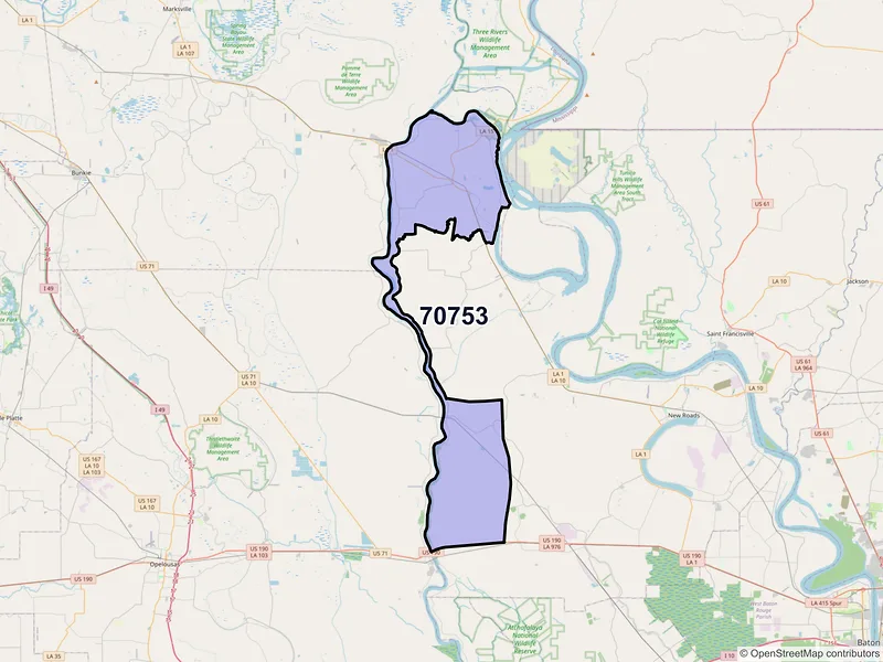 Map of ZIP Code 70753 — Lettsworth, LA