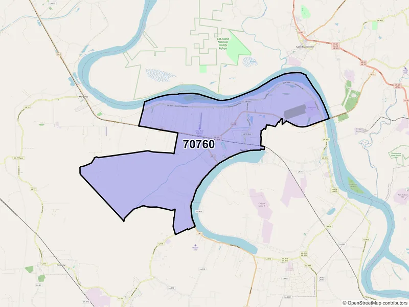 Map of ZIP Code 70760 — New Roads, LA