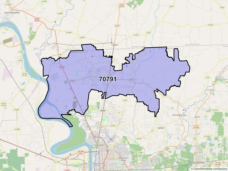 Map of Zachary, Louisiana and ZIP codes