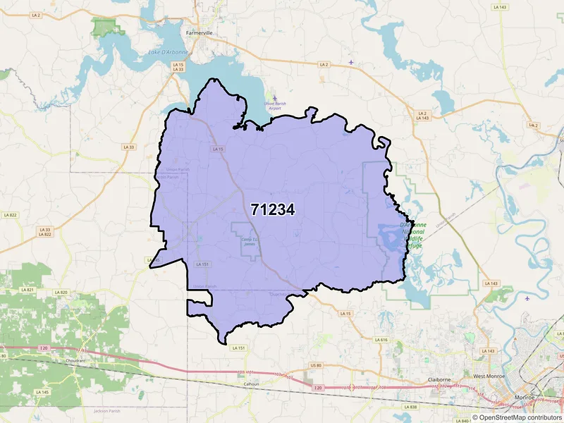 Map of ZIP Code 71234 — Downsville, LA