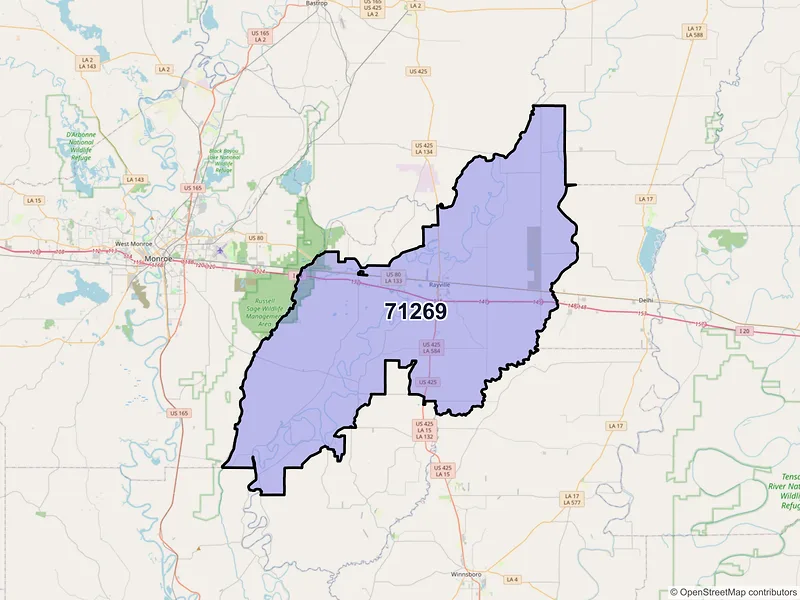Map of Rayville, Louisiana and ZIP codes