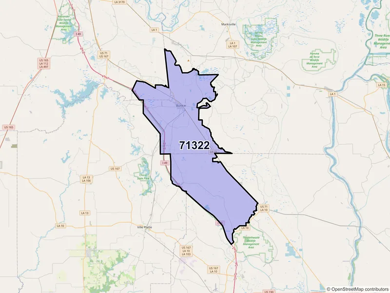 Map of ZIP Code 71322 — Bunkie, LA