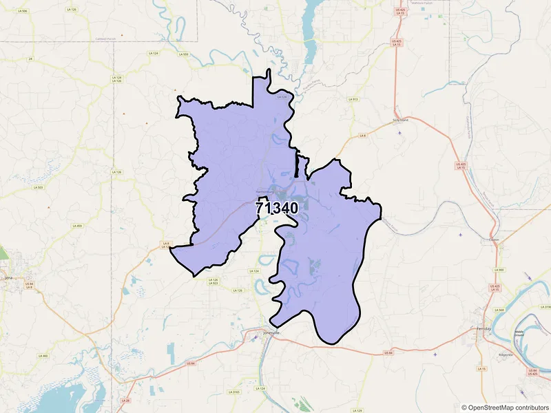Map of Harrisonburg, Louisiana and ZIP codes