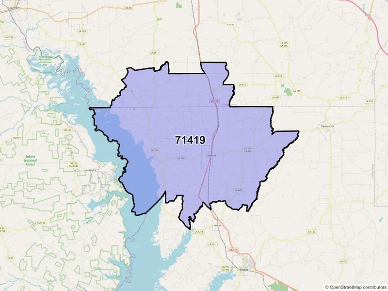 Map of Converse, Louisiana and ZIP codes