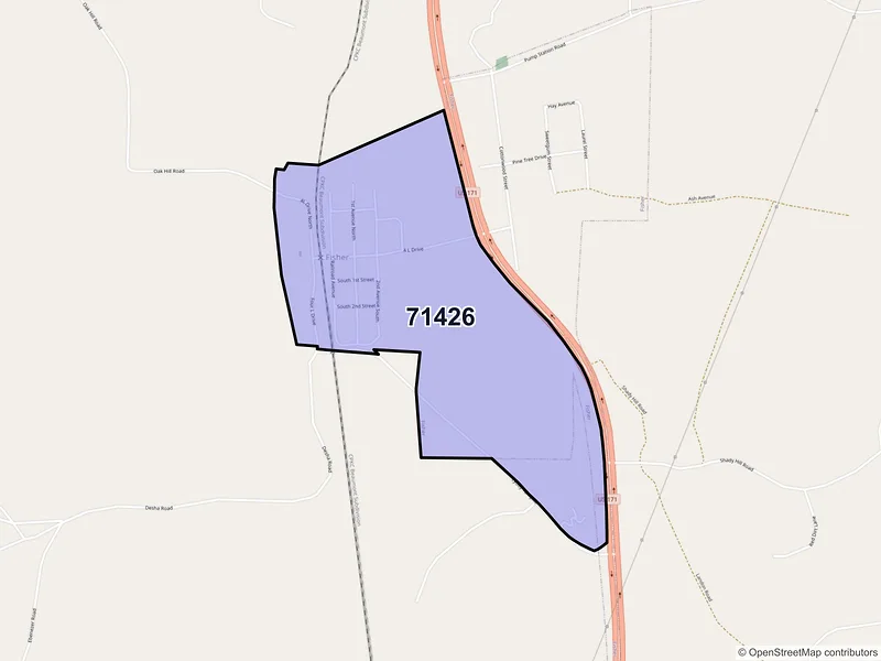 Map of Fisher, Louisiana and ZIP codes