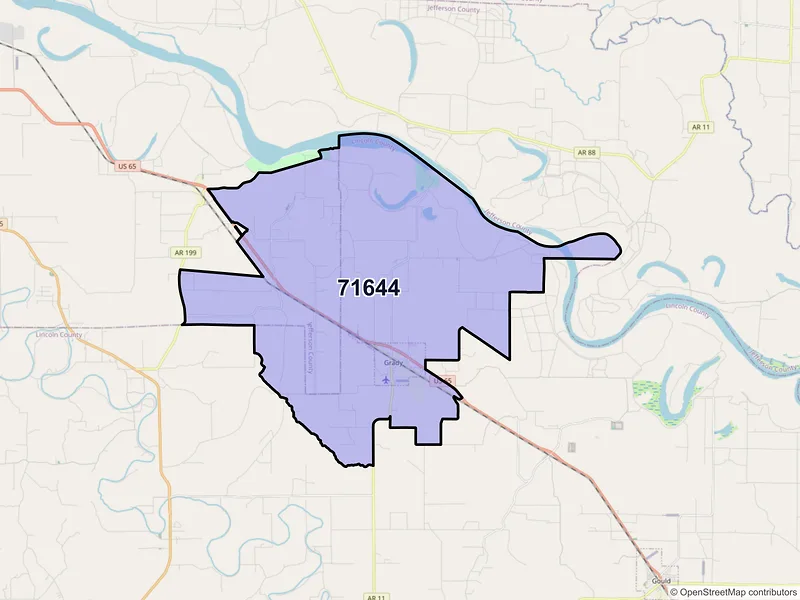 Map of Grady, Arkansas and ZIP codes