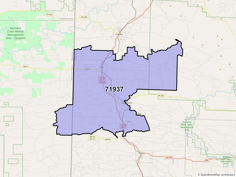 Map of Cove, Arkansas and ZIP codes