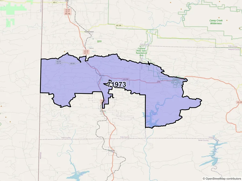 Map of ZIP Code 71973 — Wickes, AR