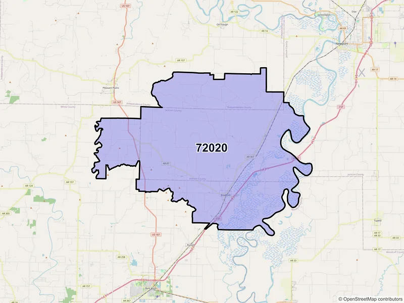 Map of ZIP Code 72020 — Bradford, AR