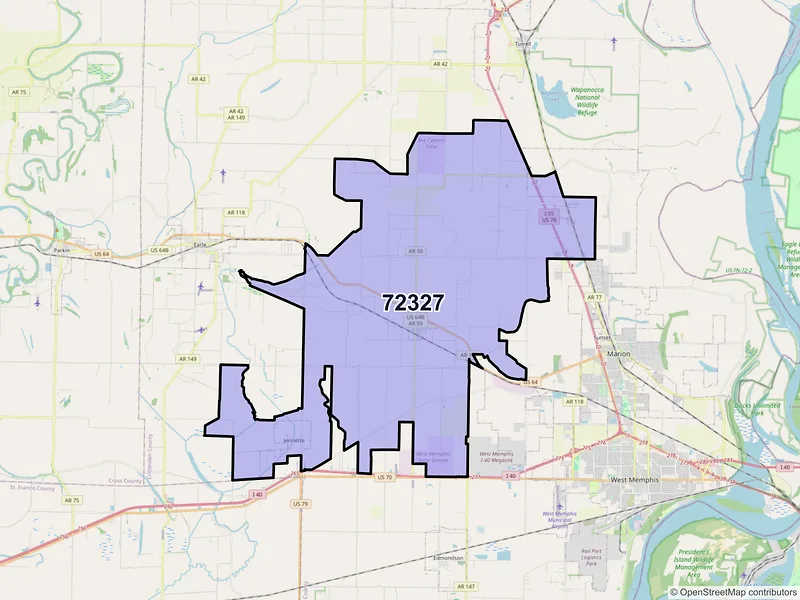 Map of ZIP Code 72327 — Crawfordsville, AR