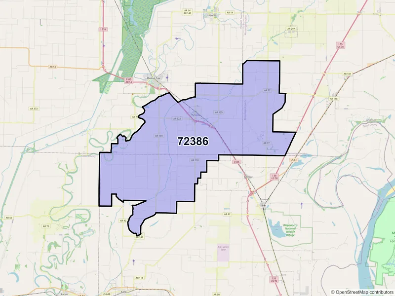 Map of ZIP Code 72386 — Tyronza, AR
