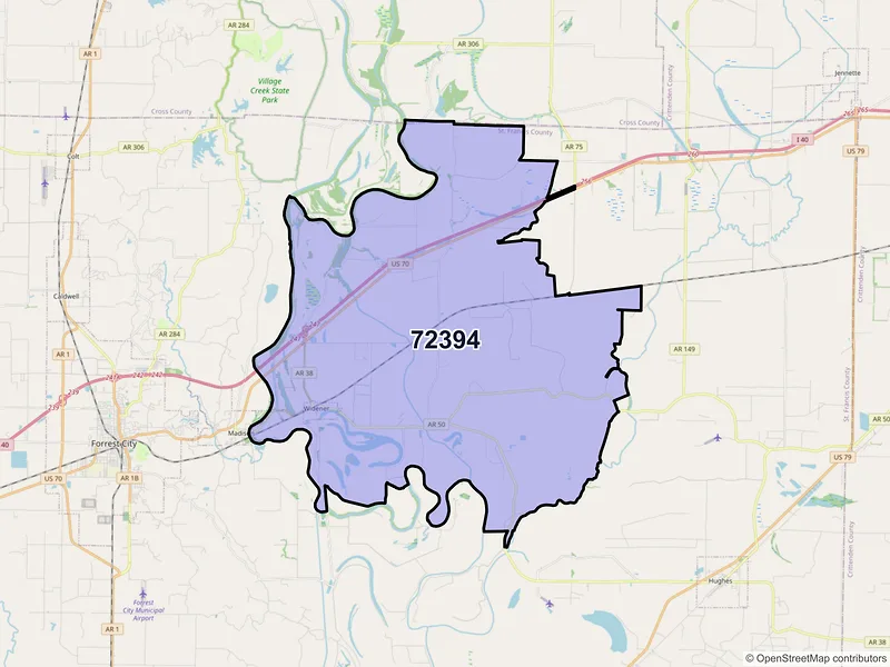 Map of ZIP Code 72394 — Widener, AR