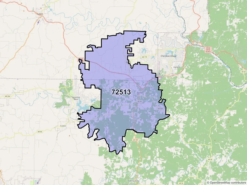 Map of ZIP Code 72513 — Ash Flat, AR