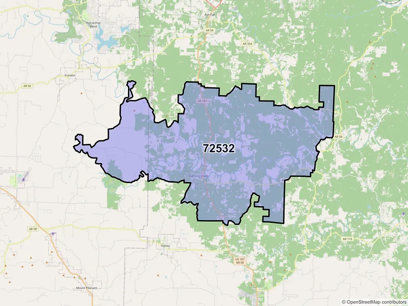 Map of ZIP Code 72532 — Evening Shade, AR