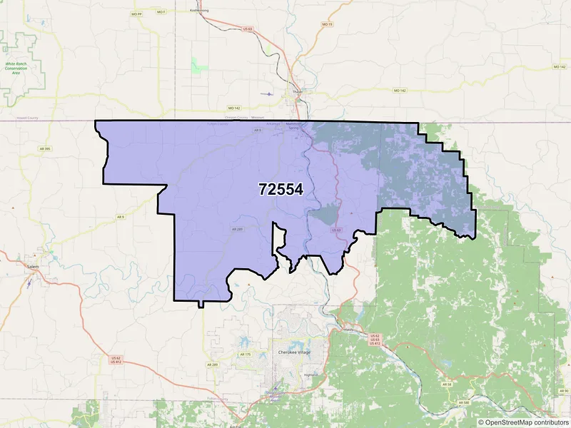 Map of ZIP Code 72554 — Mammoth Spring, AR