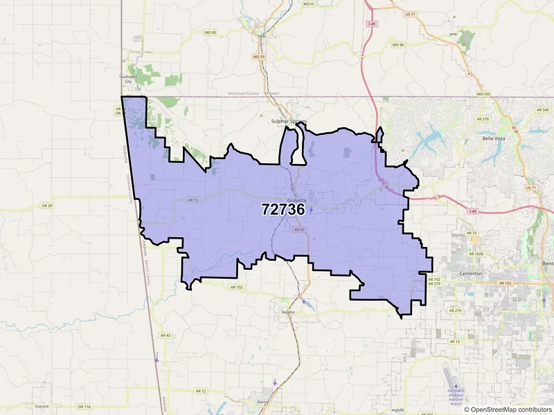 Map of ZIP Code 72736 — Gravette, AR