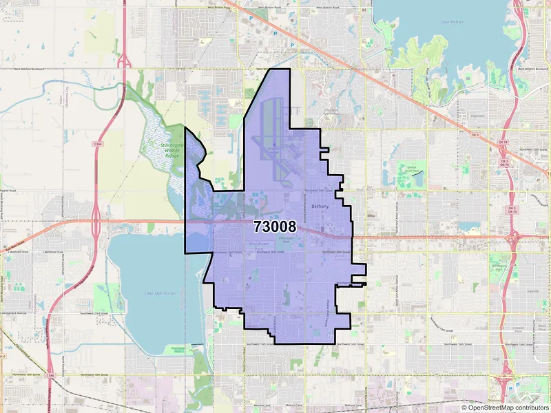 Map of Bethany, Oklahoma and ZIP codes