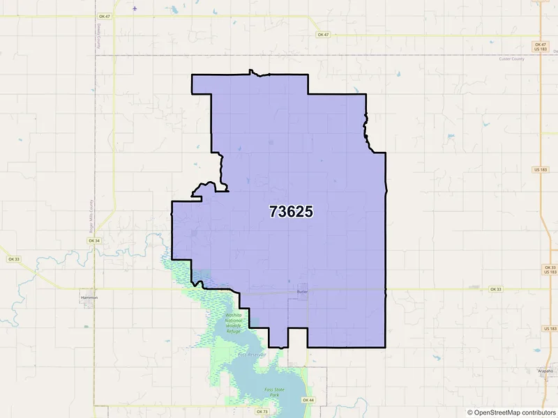 Map of Butler, Oklahoma and ZIP codes