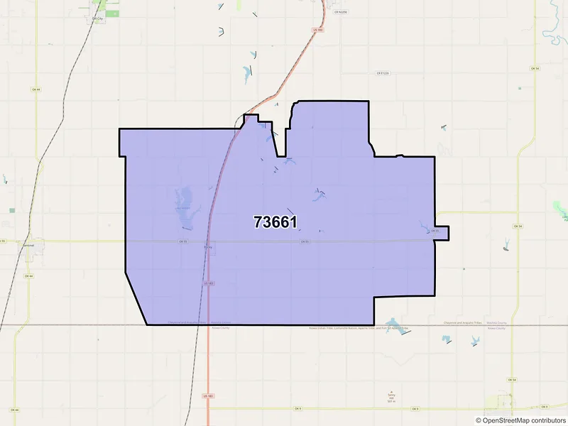 Map of Rocky, Oklahoma and ZIP codes