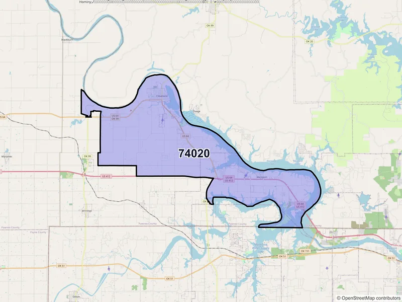 Map of Cleveland, Oklahoma and ZIP codes