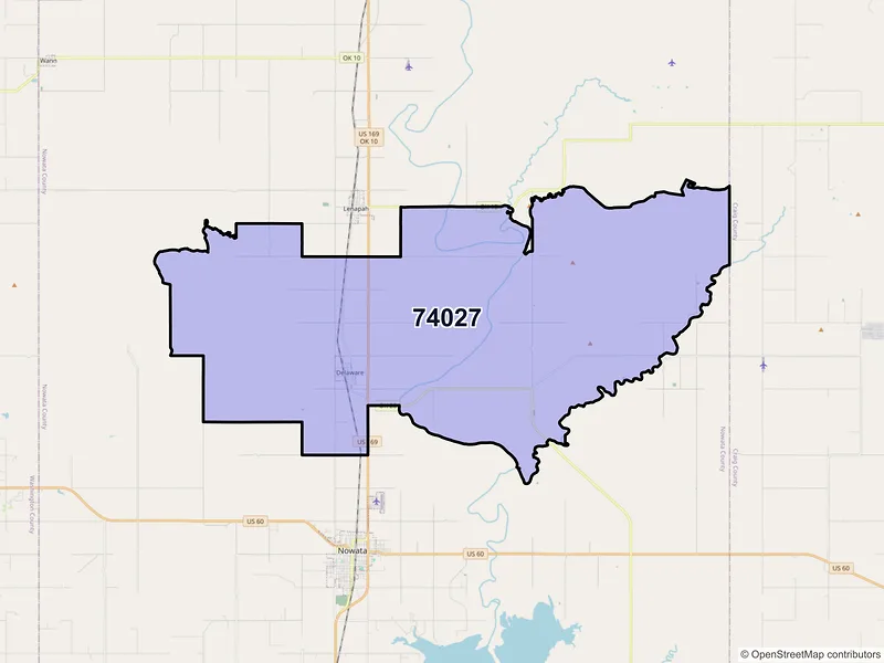 Map of Delaware, Oklahoma and ZIP codes