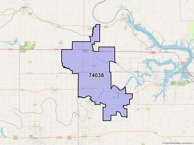 Map of ZIP Code 74038 — Jennings, OK