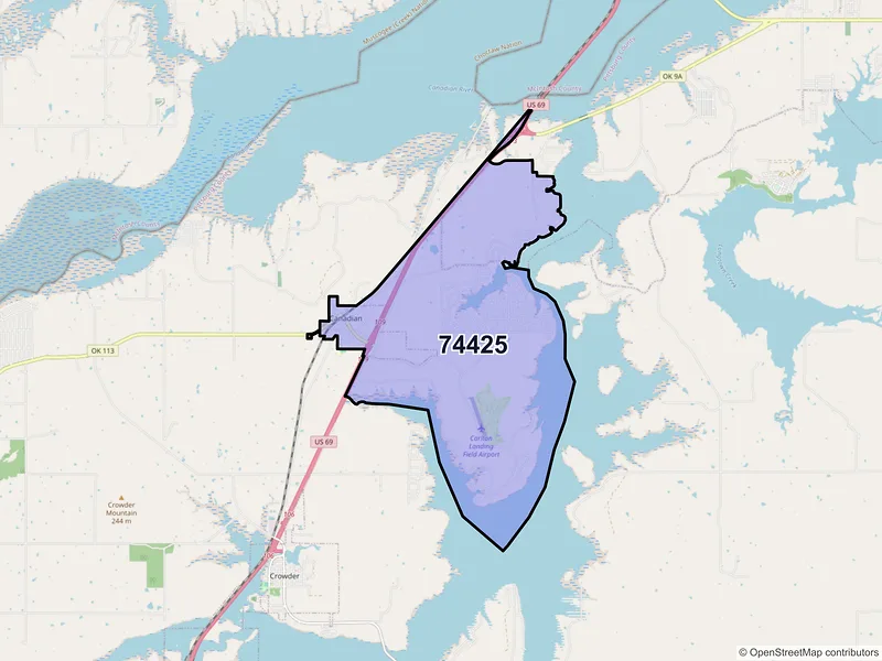Map of ZIP Code 74425 — Canadian, OK