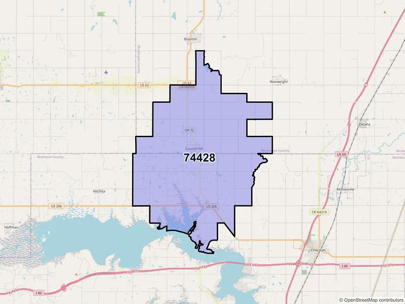 Map of ZIP Code 74428 — Council Hill, OK