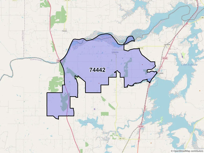 Map of Indianola, Oklahoma and ZIP codes