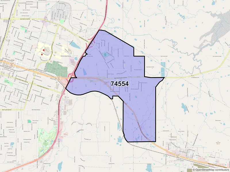 Map of Krebs, Oklahoma and ZIP codes