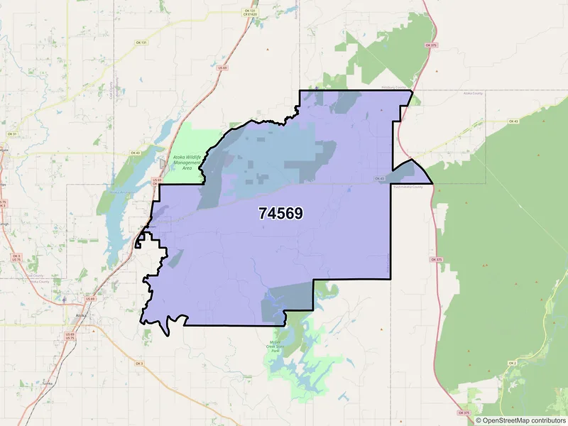 Map of ZIP Code 74569 — Stringtown, OK