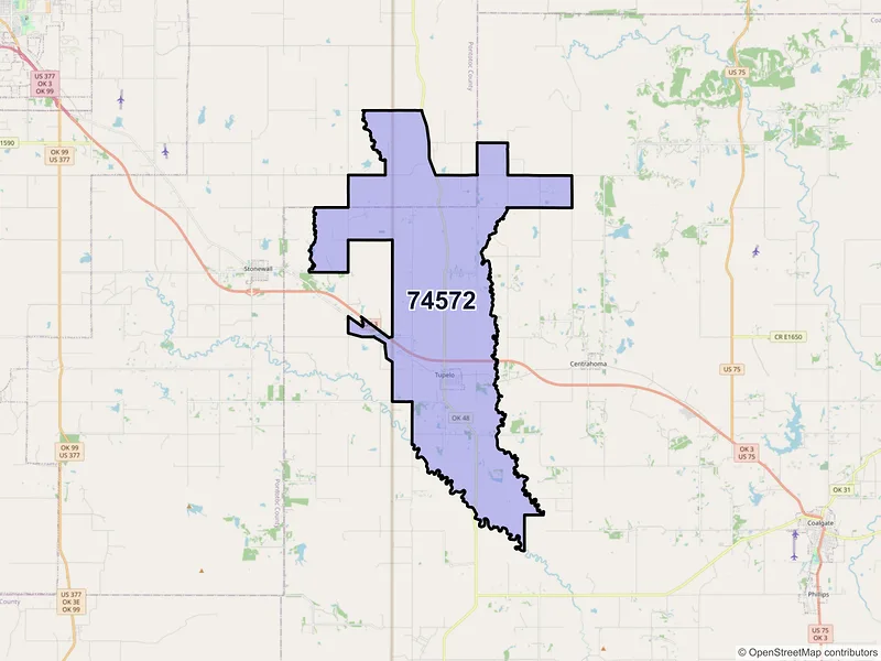 Map of ZIP Code 74572 — Tupelo, OK