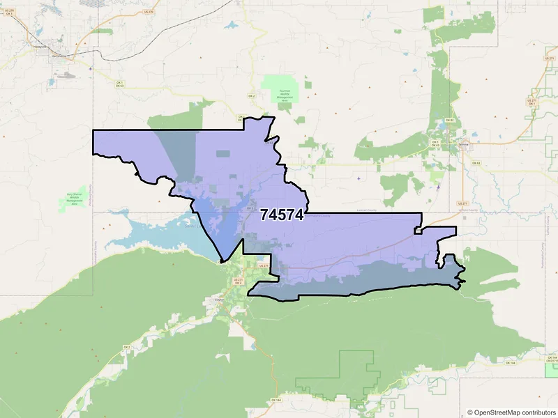 Map of ZIP Code 74574 — Tuskahoma, OK
