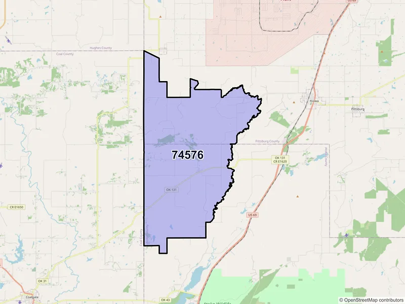 Map of ZIP Code 74576 — Wardville, OK