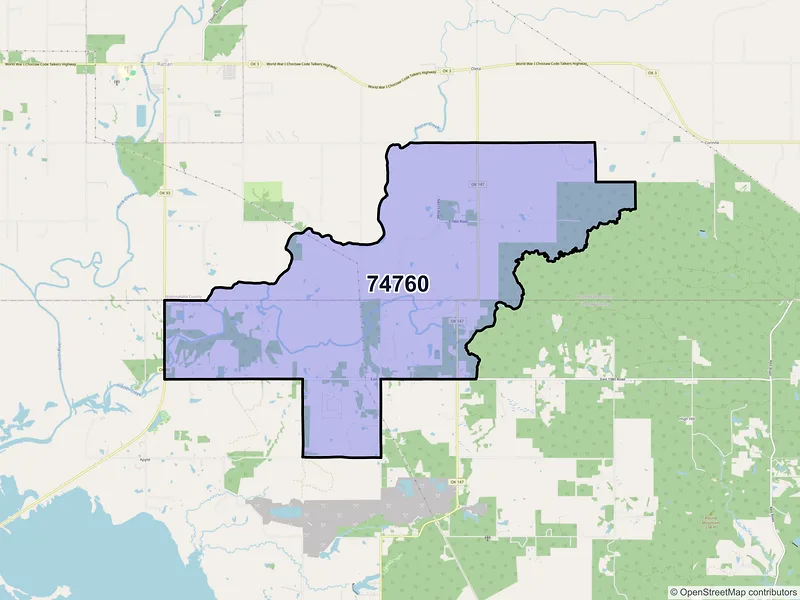 Map of ZIP Code 74760 — Spencerville, OK