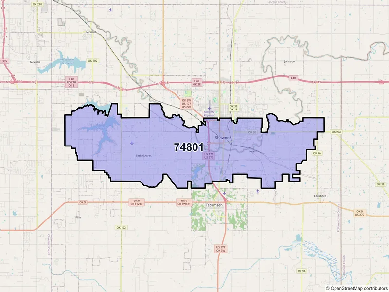 Map of ZIP Code 74801 — Shawnee, OK