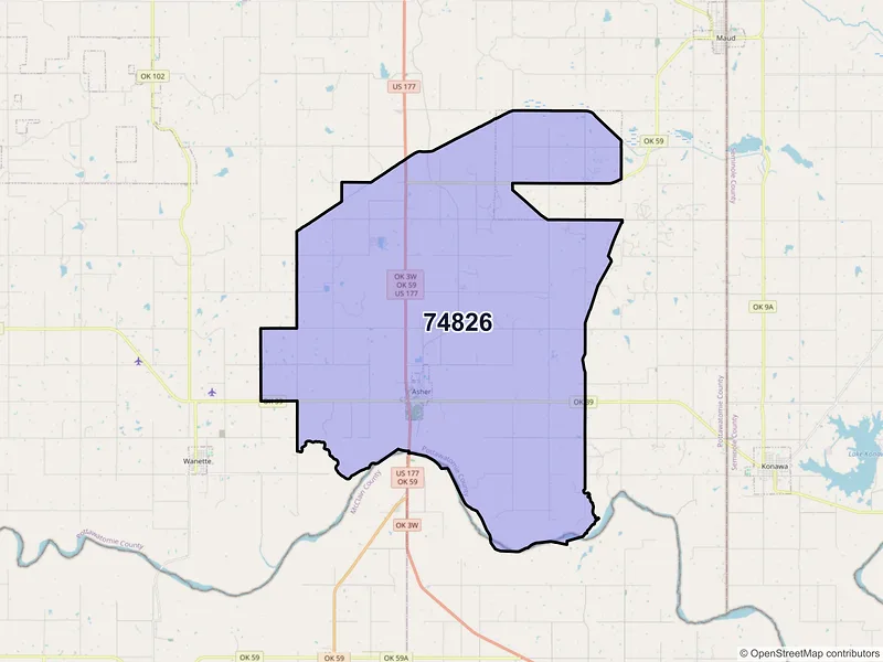 Map of Asher, Oklahoma and ZIP codes