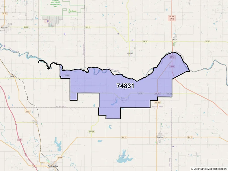 Map of Byars, Oklahoma and ZIP codes