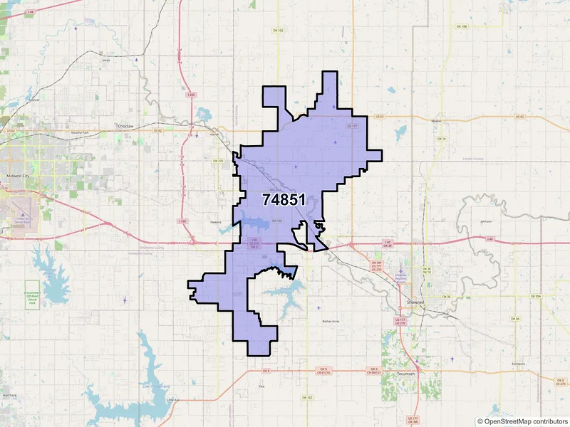 Map of ZIP Code 74851 — Mcloud, OK